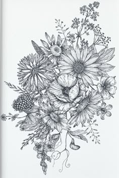 a black and white drawing of flowers in a vase