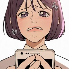 an anime character holding a cell phone in front of her face and looking at the screen