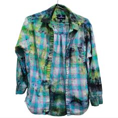 Custom Dyed Lauren James Boyfriend Flannel With Pockets Size Medium Model Is 5'6" Female 120 Lbs ( Levi's Listed Separately) One Of A Kind Hand Dyed Artist Flannel Shirt Professional Dyes, Colorfast Will Not Fade Or Bleed Colors Pink , Aqua, Lime Green, Black , Blue Shirt Has Two Pockets Grunge Punk Emo Y2k Artist Artsy Funky Unique Custom Tie Dye Upcycled Reworked 2nd Time Green Cotton Flannel Shirt For Spring, Flannel Shirts, Artsy Clothing, Custom Flannel, Spring Green Cotton Flannel Shirt, Upcycled Flannel Shirts, Bleach Tie Dye Flannel Shirt, Bleach Dyed Flannel Shirts, Reworked Flannel Shirt