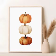 three pumpkins on top of each other in front of a white wall with a vase