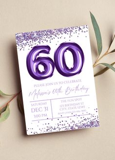 a purple 60th birthday party card with confetti and greenery on the side