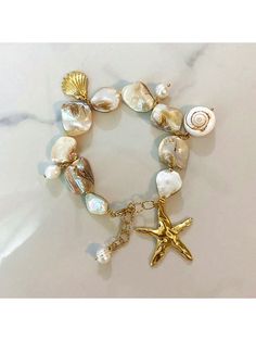 1pc Stainless Steel Gold Starfish & Shell Beaded Bracelet Women's Fashion Accessory Khaki Cute   Stainless Steel     Women Fashion Jewelry, size features are:Bust: ,Length: ,Sleeve Length: Bohemian Style Bracelet With Starfish Charm, Gold Beaded Bracelets For Beach Season, Gold Starfish Beaded Bracelets For Beach, Beaded Bracelet For Beach Season, Summer Bracelet With Starfish Charm, Gold Beaded Charm Bracelet For Beach, Gold Bracelet Jewelry For Beach Season, Gold Bracelet For Beach Season, Ocean-inspired Gold Bracelets For Beach Season