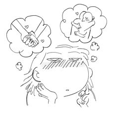 a drawing of a woman with thought bubbles above her head and an angel above her head