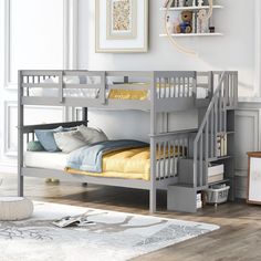 a bunk bed with stairs is shown in the corner next to a rug and bookshelf