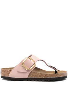 light pink nubuck leather logo-engraved gold-tone hardware logo at the sole open toe thong strap buckle-strap fastening branded footbed cork sole rubber outsole slip-on style Pink Birkenstocks, Hardware Logo, Birkenstock Shoes, Leather Logo, Birkenstock Gizeh, Shoe Obsession, Nubuck Leather, Thong Sandals, Leather Sandals