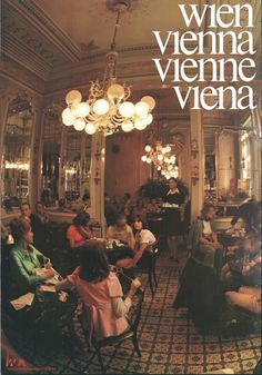 an old photo of people sitting at tables in a restaurant with chandelier above them