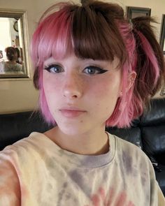 Brown And Pink Split Hair Dye, Pink And White Hair Aesthetic, Four Way Split Dyed Hair, Pink Hair Dye Styles, Cute Hairdye Hairstyles, Pink Half And Half Hair, Dyed Hair For Brown Hair, Pink Hair Styles For Short Hair, Quadrant Dyed Hair