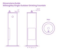 the measurements for an outdoor drinking fountain are shown in purple and white, along with a circular