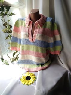 "Preppy style Turn-down collar striped shirt top. Stripe crop short sleeve. Block striped shirt Hand Knit rainbow pastel cotton sweater. Soft cotton ladies blouse top. Ready to ship. The sweater circumference chest is 104-112 cm(41\"- 44 inches), the length is 62cm(24\"), sleeve length 35cm(14\"). Washing delicately." Multicolor Horizontal Stripe Tops For Spring, Multicolor Horizontal Stripe Summer Tops, Casual Multicolor Tops With Striped Collar, Multicolor Short Sleeve Tops With Striped Collar, Multicolor Short Sleeve Top With Striped Collar, Pink Short Sleeve Top With Striped Collar, Spring Collared Tops With Horizontal Stripes, Collared Tops With Horizontal Stripes For Spring, Pastel Preppy