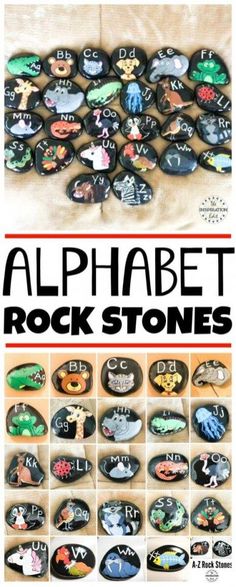 the alphabet rock stones are arranged in rows and on top of each other, with different pictures