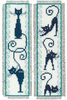 two cross stitch bookmarks with cats on them