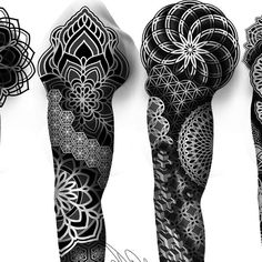 three black and white tattoos with different designs on their arms, leg and arm sleeves