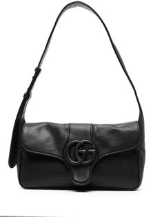 black calf leather grained texture piped-trim detailing signature Interlocking G logo plaque foldover top with magnetic fastening adjustable shoulder strap main compartment internal logo stamp internal zip-fastening pocket suede lining Gucci Black Purse, Black Gucci Purse, Gucci Purse, G Logo, Chanel 2, Iconic Bags, Black Purses, Gucci Black, Logo Stamp