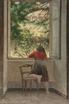 a painting of a person sitting at a table looking out a window into the woods