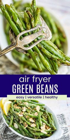 air fryer green beans in a bowl with lemon wedges