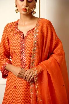 Shop for Loka by Veerali Raveshia Orange Banarasi Kurta Sharara Set for Women Online at Aza Fashions Crushed Sharara, Tassel Dupatta, Kurta Sharara Set, Kurta Sharara, Summer Orange, Sharara Set, Organza Dupatta, Mirror Work, Set For Women