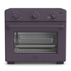 a purple toaster oven with the door open