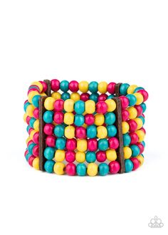 Held together with rectangular wooden fittings, strands of vivacious pink, yellow, and blue wooden beads are threaded along stretchy bands that layer around the wrist into one colorful stretch bracelet. At only $5.00, Paparazzi Jewelry is the perfect accessory for all your outfits. Multicolor Bracelet, Wood Bead Bracelet, Mobile Boutique, Easy Jewelry, Wooden Bracelet, Wood Bracelet, Paparazzi Accessories, Yellow And Blue, Paparazzi Jewelry