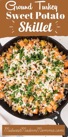 a skillet filled with sweet potato and parmesan cheese is shown in this image