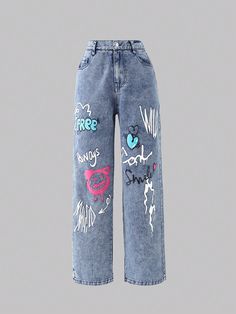 Medium Wash  Collar  Denim Graphic,Letter Straight Leg Embellished Non-Stretch  Teen Girls Clothing Baseball Jacket Outfit, Cute Ripped Jeans, Cute Outfits With Shorts, Cute Cheap Outfits, Clueless Outfits, Stylish Hoodies, Trendy Jeans, Moda Jeans