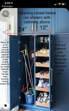 an open cabinet with cleaning supplies in it and labeled measurements for the door heights