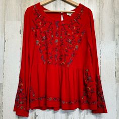 Umgee Red Floral Embroidered Long Sleeve Top! Size S Measurements Approx Armpit To Armpit 21 In. Length 26 In. Red Embroidered Long Sleeve Top For Fall, Red Floral Embroidered Top, Red Embroidered Blouse For Fall, Red Bohemian Embroidered Top, Bohemian Red Embroidered Top, Fall Embroidered Red Blouse, Red V-neck Embroidered Top For Spring, Red Embroidered V-neck Top For Spring, Traditional Red Tops With Embroidered Neckline