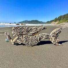 a sculpture made out of driftwood on the beach