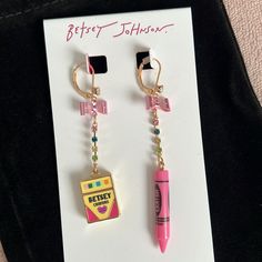 (Free Gift Bag) Brand New Betsey Johnson Crayon Mismatch Earrings Mismatched Earrings Featuring Pink Metal Bow, Multi-Colored Stone Cup Chain Detail, And Mismatched Drops Including "Betsey Crayons" Box And Pink Crayon. Set In Gold-Tone Metal Approx. Length - 2.6"-3.4" Lever Back Closure Metal, Glass, Plastic Pink Fun Dangle Jewelry, Fun Pink Dangle Jewelry, Pink Drop Earrings For Birthday, Pink Fun Jewelry For Party, Pink Jewelry With Matching Earrings For Birthday, Pink Fun Party Jewelry, Fun Pink Party Jewelry, Pink Crayon, Mismatch Earrings