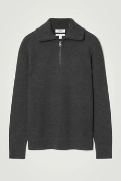 This modern sweater is expertly knitted from a blend of RWS wool and cotton that's weighty and warm. Offered in versatile black, it's shaped for a relaxed fit and designed with a foldover half-zip collar, which can be worn fastened up or slightly open to show your T-shirt underneath.  Relaxed fitSlightly dropped shouldersCertified according to the Responsible Wool Standard, to protect the welfare of the sheep and their environment Shell: 65% RWS Wool, 35% Cotton. Excluding trims / Machine wash B Modern Sweater, Half Zip Jumper, Wool Pullover, Zip Collar, The Sheep, Cool Outfits For Men, Half Zip Sweaters, Flight Jacket, Zip Sweater