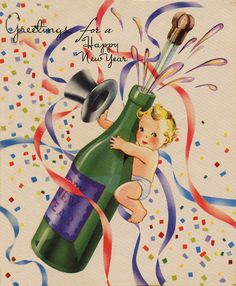 an old birthday card with a baby holding a bottle and confetti streamers