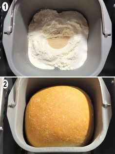 two pictures showing how to make bread in an oven