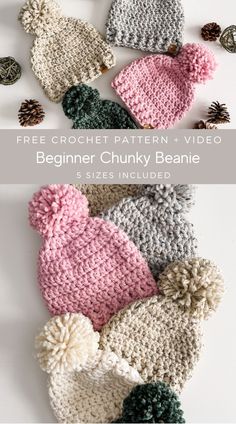 the crochet beanie pattern is shown in different colors and sizes