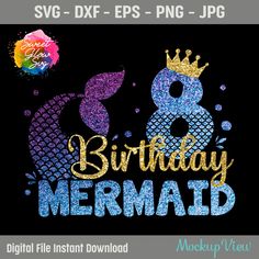 mermaid birthday shirt with the number six in gold and purple glitters, on a black background