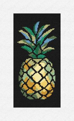 a cross stitched pineapple with blue and yellow flowers on the top, in black background