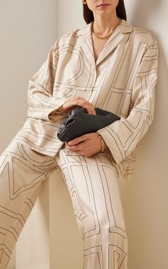 Monogrammed Silk Pj Top By Totême | Moda Operandi Luxury Silk Pajamas, Luxury Oversized Silk Tops, Chic Silk Long Sleeve Sleepwear, Luxury Silk Top With Button Cuffs, Toteme Silk Set, Lounge Wear Ideas, Designer Loungewear, Monogrammed Pajamas, Silk Pjs