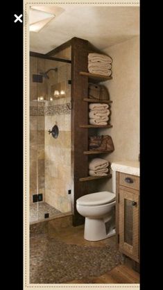 a bathroom with a toilet, shower and shelves