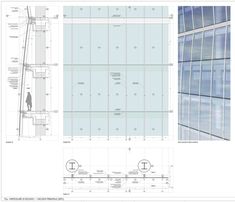 an architectural drawing shows the interior and exterior of a building with glass walls, windows, and