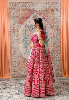 Ruby Pink Zardozi Bridal Lehenga Set Jodhpuri Suits, Indowestern Gowns, Green Dupatta, Gota Patti Work, Curated Outfit, Indian Bride Outfits, Designer Bridal Lehenga