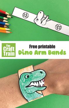 an armband with a drawing of a dinosaur on it and the text free printable dino arm bands