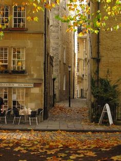 an alleyway with tables and chairs in the fall leaves