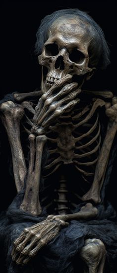 a skeleton sitting in the dark with its hands on it's face and arms crossed