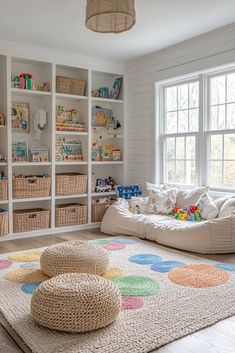 a child's playroom with bookshelves and toys on the floor in front of a window