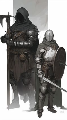 two knights standing next to each other holding swords