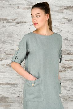 100% PURE LINEN DRESS GREYISH BLUE COLOR LINEN DRESS Greyish blue 100% linen dress with 3/4 sleeves and big pockets. . It's been specially washed in the manufacturing process, therefore is much softer and shrink-resistant. Perfect for casual everyday to wear. Free style comfortable dress for you. Please look at the sizes measurements at the 5th picture (NOTE: the measurements are written in the cm, not inches). SIZES: EU 36-44 EU 36 / US 4 / UK8 EU 38 / US 6 / UK10 EU 40 / US 8 / UK12 EU 42 / US Linen Tunic Dress With Pockets, Flax Linen Dress With Pockets, Blue Linen Dress With Pockets, Spring Flax Linen Dress With Pockets, Short Sleeve Linen Shift Dress, Greyish Blue Color, Summer Linen Dresses, Big Pockets, Linen Clothing