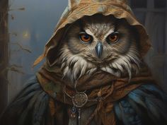 an owl wearing a hooded jacket and holding a chain around its neck is staring at the camera