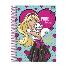 a spiral notebook with a blonde girl holding a cat in her arms and the words pure love written on it