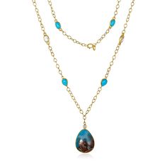 This 14k gold necklace showcases bezel set Turquoises and moonstone cabochons, along with a teardrop natural turquoise pendant. Ideal for incorporating a hint of natural allure into your accessory repertoire. Gem Meas: 20 x 20 m Length: 16-18 inch Handcrafted at Mabel's San Francisco Atelier Turquoise Briolette Gemstone Necklace, Yellow Gold Cabochon Teardrop Pendant Necklace, Turquoise Teardrop Cabochon Necklace, Blue Drop Jewelry With Cabochon, Blue Cabochon Drop Jewelry, Blue Drop Cabochon Jewelry, Turquoise Teardrop Gemstone Necklace, Bohemian Teardrop Cabochon Necklaces, Bohemian Teardrop Cabochon Necklace