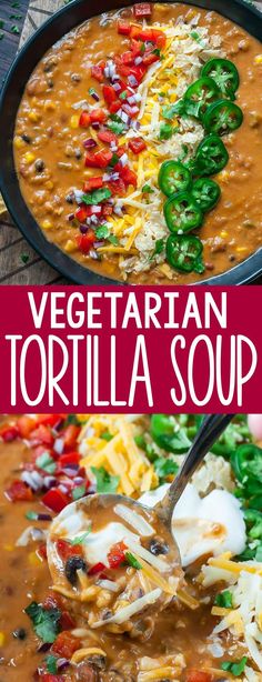 vegetarian tortilla soup in a black bowl with a spoon