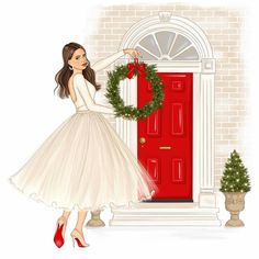 a woman in a white dress is holding a wreath and standing next to a pink door