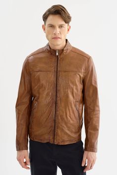 Lucio Lambskin Leather Jacket- Cognac - Lansky Bros. Spring Classic Biker Jacket With Double-needle Sleeve, Brown Leather Outerwear For Business Casual, Classic Business Leather Jacket With Double-needle Sleeve, Classic Leather-lined Biker Jacket For Business, Classic Spring Biker Jacket For Business, Elegant Leather Jacket For Fall, Classic Brown Biker Jacket For Business, Elegant Brown Leather Biker Jacket, Modern Brown Outerwear For Business Casual